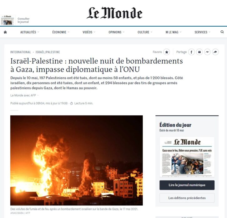 Image à la une de MONDE – 42 Palestiniens tués dimanche, plus de 200 morts depuis la recrudescence des violences entre Israël et la Palestine