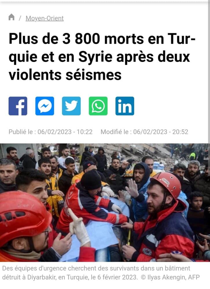 Image à la une de CATASTROPHES – Plus de 3 800 morts en Turquie et en Syrie à la suite de deux puissants séismes survenus lundi