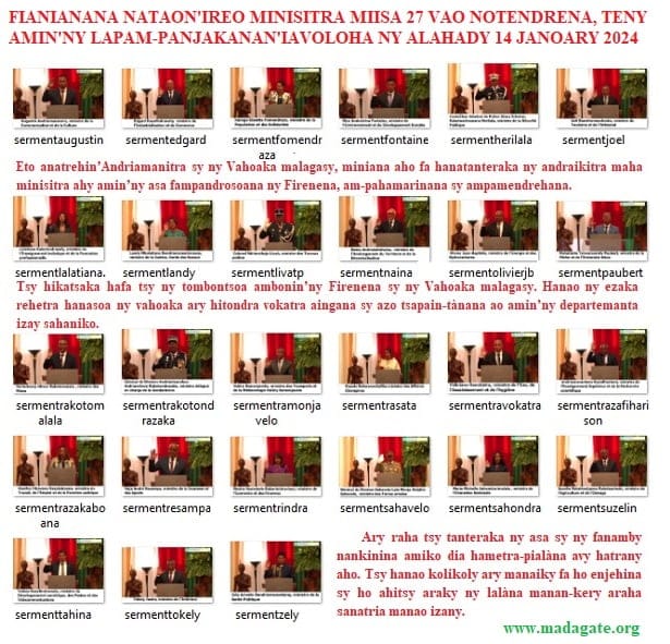 Image à la une de Iavoloha, Alahady 14 Janoary 2024. Ny fianianan’ireo minisitra miisa 27 taorian’ny nanendrena azy ireo