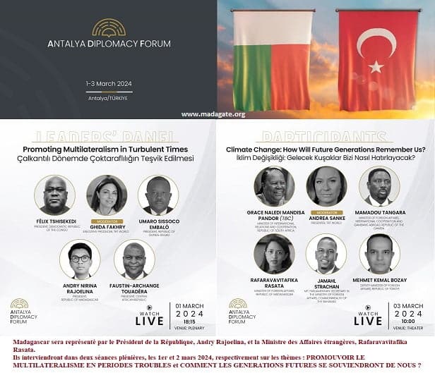 Image à la une de Turquie, 3ème Forum diplomatique d’Antalya. Le Président Andry Rajoelina et la MAE Ratasa Rafaravavitafika y participeront activement