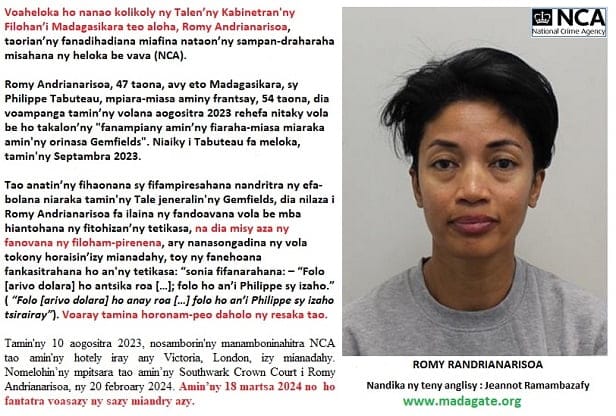 Image à la une de Romy Randrianarisoa. L’ancienne Directrice de Cabinet du président malagasy reconnu coupable de corruption