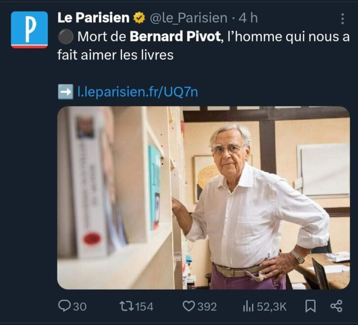 Image à la une de DISPARITION – Décès de Bernard Pivot, présentateur de l’émission mythique  »Apostrophes » sur la chaîne publique française