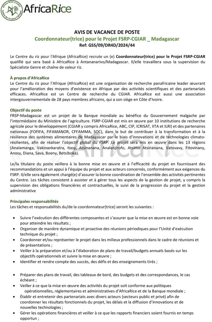 Image à la une de AVIS DE VACANCE DE POSTE – Coordonnateur(trice) pour le Projet FSRP‐CGIAR _ Madagascar