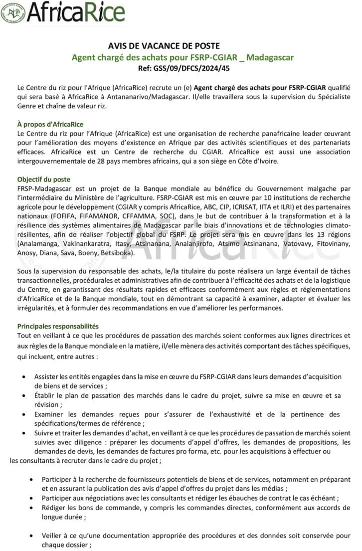 Image à la une de AVIS DE VACANCE DE POSTE  Coordonnateur(trice) pour le Projet FSRP‐CGIAR _ Madagascar