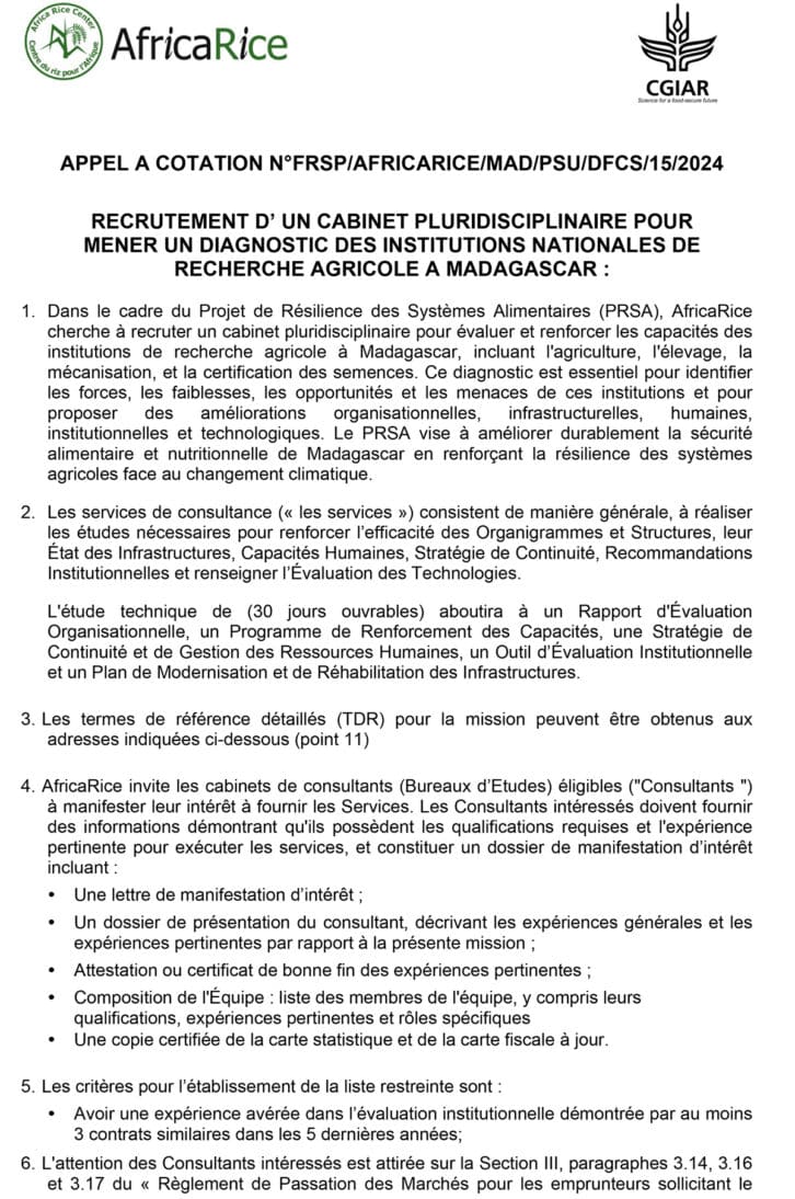 Image à la une de APPEL A COTATION N°FRSP/AFRICARICE/MAD/PSU/DFCS/15/2024
